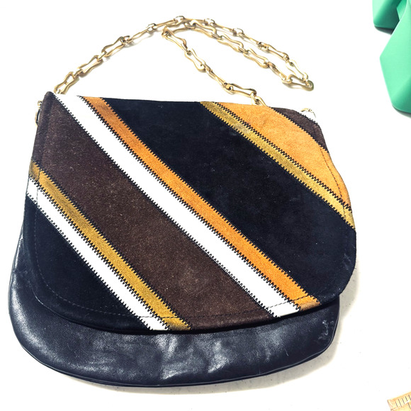 Unbranded Handbags - Vintage 70s suede & leather striped saddle bag purse flap gold chain patchwork